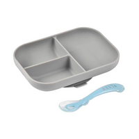 Набір дитячого силіконового посуду Beaba: секційна тарілка та ложка, сірий/блакитний (913508) 