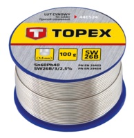 Припій олов'яний TOPEX Sn60Pb40, флюс SW26B, дріт 1.5мм, 100г (44E524) 
