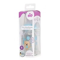 Стеклянная бутылочка Nip голубая 125 мл с силиконовой соской S, медленный поток