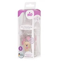 Стеклянная бутылочка Nip розовая 125 мл с силиконовой соской S, медленный поток